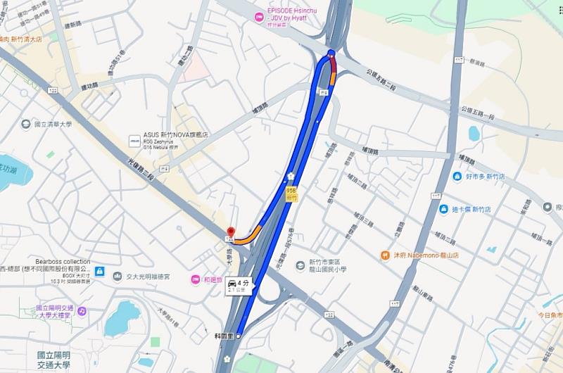 圖說3. 替代路線：於新竹交流道出口往公道五路方向→至公道五路二段→南下往新竹匝道往新竹方向