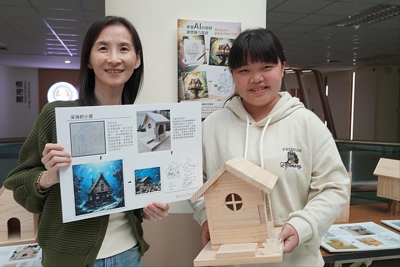 永續創生與應用的授課老師翁千惠（左）表示：「AI能生成美圖，但尺寸與結構仍需人工判斷。課程帶領學生在工坊試作，體驗設計與工藝的平衡。」
