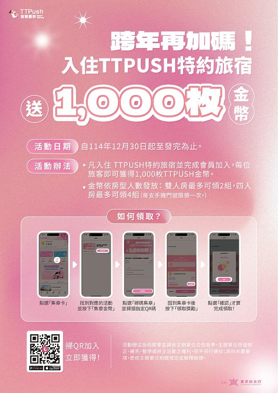 跨年住台東 2000萬枚TTPush金幣大放送