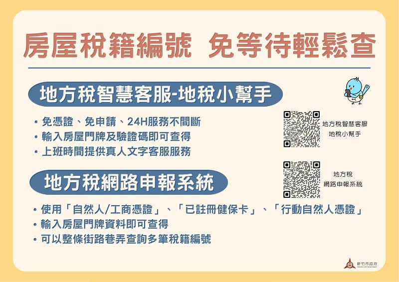 民眾可善用「地稅小幫手」或「地方稅網路申報作業系統」查調房屋稅籍編號。