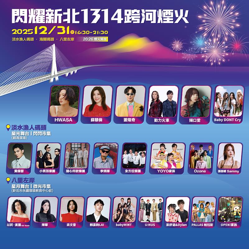 2026「閃耀新北1314跨河煙火」雙舞台卡司陣容。