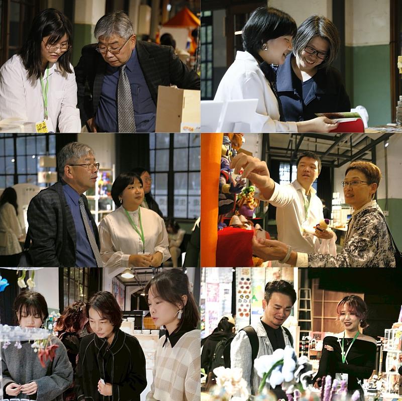 張文彥副校長、藝創系陳怡方系主任、林淑雅教授、常靜潔老師與黃星達老師參觀《作東 ◎ 東作》展覽，給予同學們建議與鼓勵。