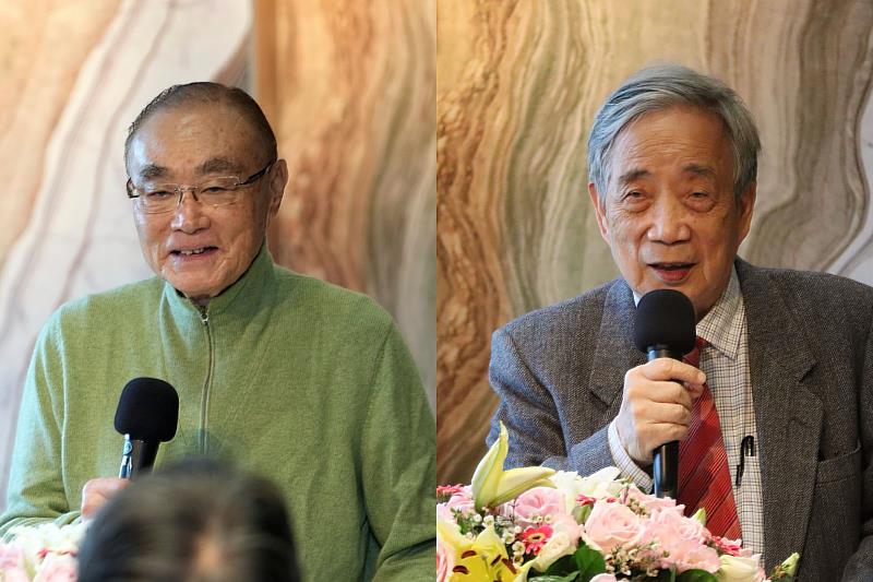 校外貴賓致詞：前退輔會主委馮世寬（左）、前臺灣藝術大學校長黃光男（右）。