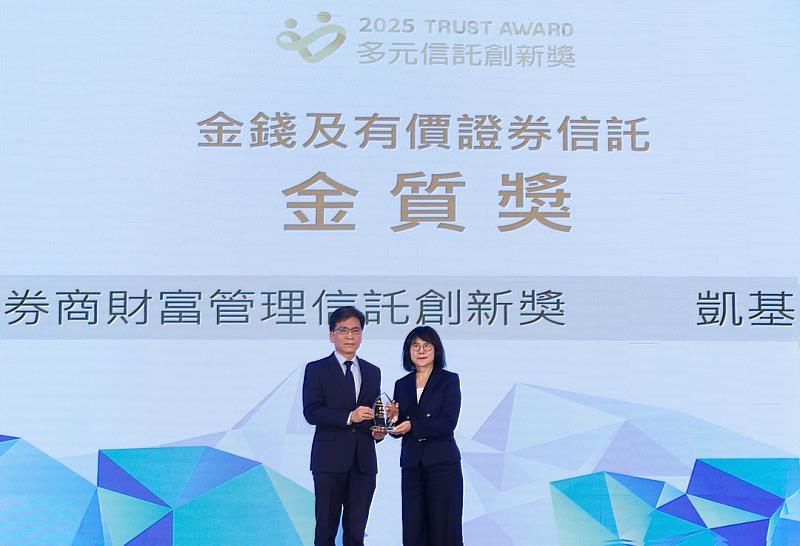 凱基證券榮獲多元信託創新獎兩項大獎，由金管會主委彭金隆（左）頒獎表揚、凱基證券總經理黃幼玲代表領獎。