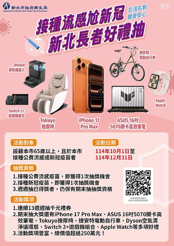 疫苗接種抽獎活動近尾聲 新北衛生局籲長者把握機會盡速接種抽好禮