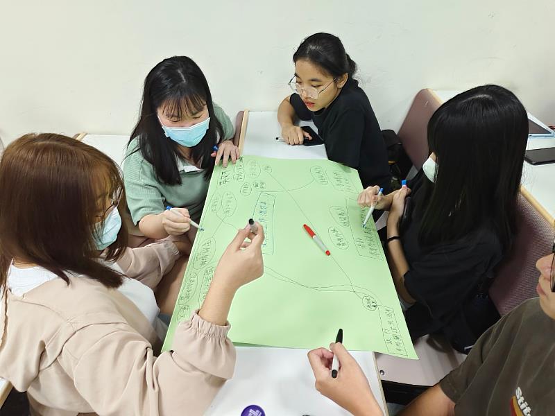 淡江企業管理學系汪美伶教授引導學生透過小組連線思考，辨識自我特質與優勢，覺察實踐職涯目標的機會與挑戰。（圖／淡江大學提供）