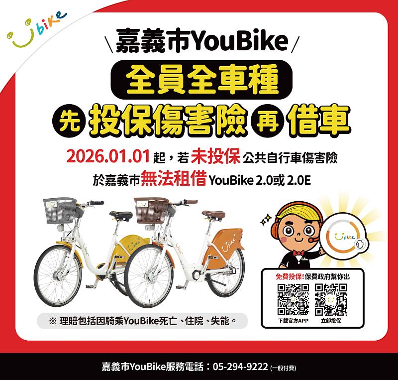 115/1/1起嘉義市YouBike全車種強制投保新制上路