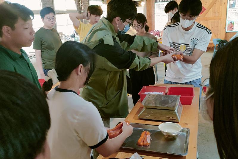 為保持新鮮、避免變質，醃製烏魚子的每個步驟都需迅速完成，南大學生親身體驗製作節奏與技巧。