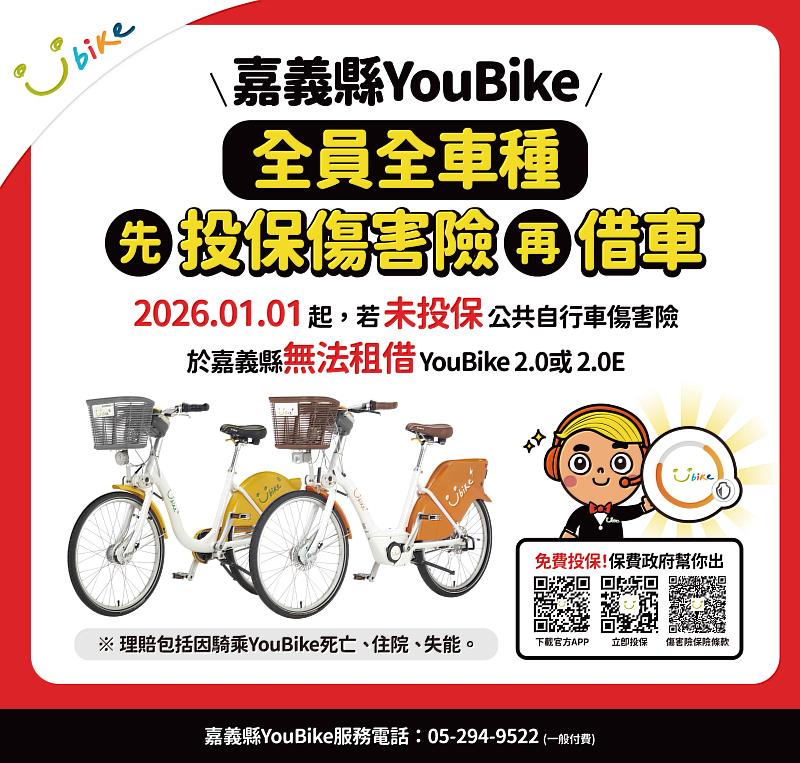 嘉義縣YouBike 2.0及2.0E自1月1日起全面強制加保。