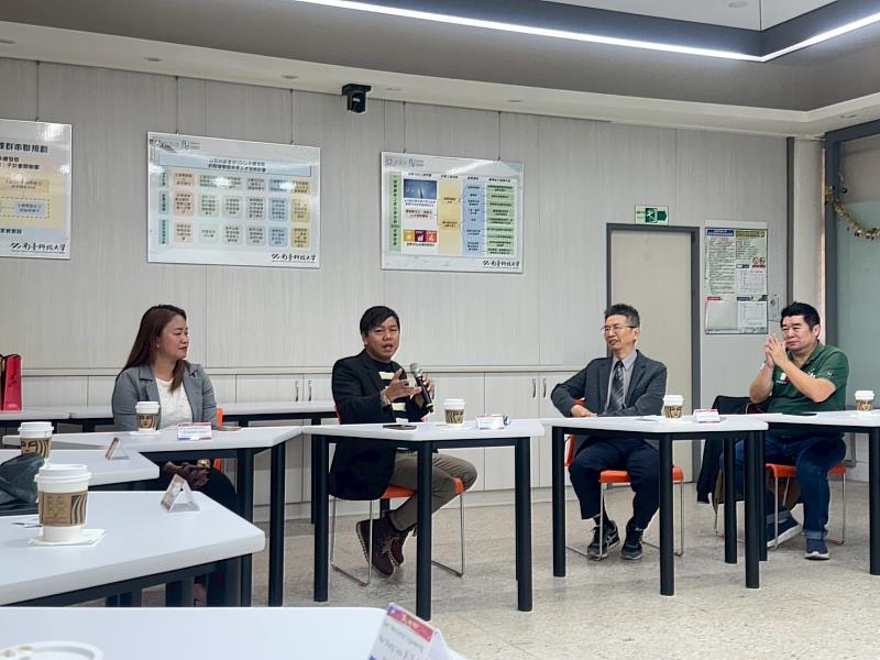 南臺科大張儀興主任秘書（右2）與菲律賓比科爾中央州立農業大學（CBSUA）代表團進行友好會談。主秘向貴賓介紹本校在AI應用與國際合作上的願景，深化臺菲教育夥伴關係。