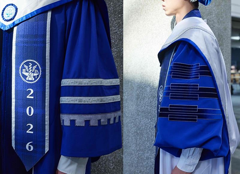 Designer Justin Chou drew inspiration from NYCU’s post-merger emblem, blending the balanced proportions of classical academic style with clean modern lines to create regalia that preserves ceremonial dignity while expressing the university’s spirit of innovation.