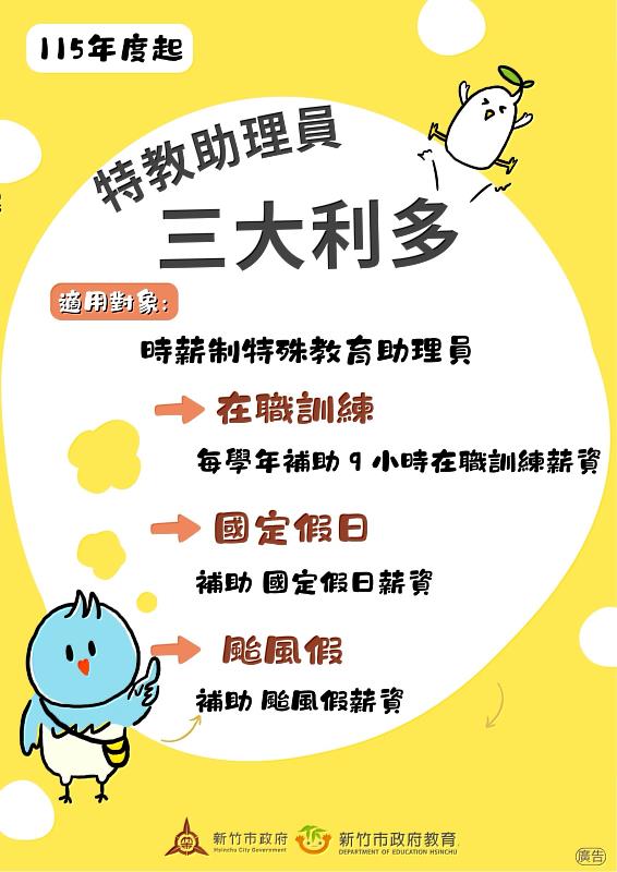 新竹市特教助理員三大利多115年1月1日起正式上路。