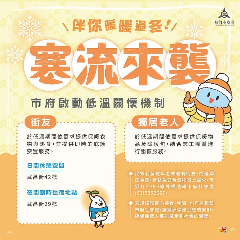 冷氣團來襲，竹市府啟動跨局處低溫應變措施。