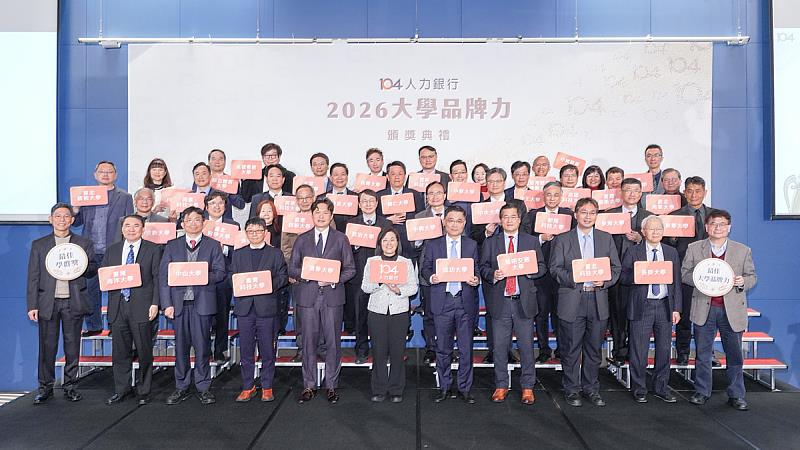 2026年《大學品牌力》總共有38家大學分別在18個學群,6個分項獲獎。(104人力銀行提供)