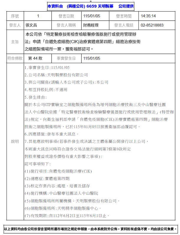 天明製藥CIK自體免疫細胞GTP之細胞製備場所獲衛福部認可。