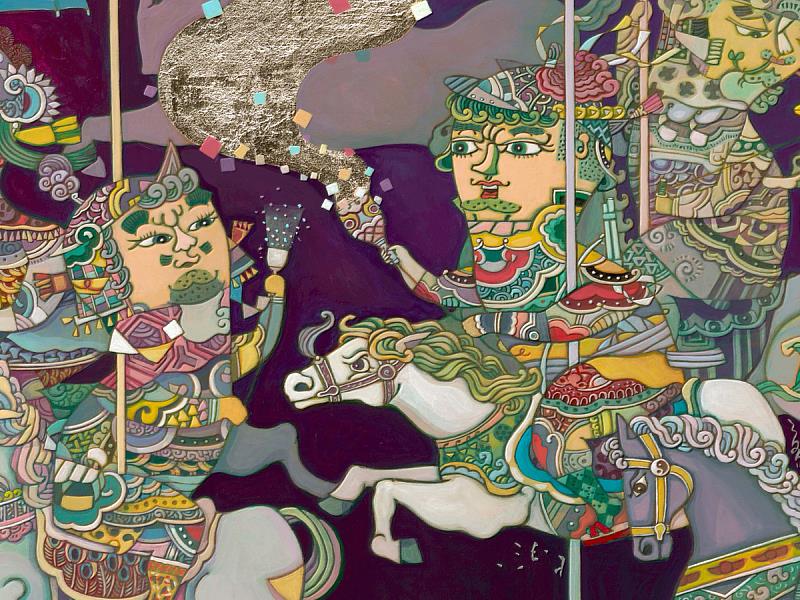 陳盈如本次即將於ONE ART Taipei 2026展出的作品局部，細密的圖像層次揉合民俗、歷史與當代語感，在熱鬧的畫面中形成一種「情感的張力」；歡迎走進鶯歌光點藝術中心展區12F ROOM 1215，欣賞更多完整作品與細節。