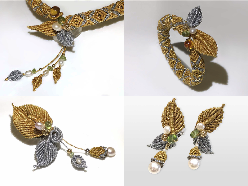 〈飛天〉繩結工藝系列作品細節，工藝師黃嘉英以自我研究累積的繩結技法，透過金、銀雙色線材的層層編織，結合珍珠與半寶石元素，呈現線條流動、結構穩定的當代工藝語彙。作品於不同角度下展現細膩結構與輕盈節奏，體現傳統繩結工藝轉化為現代設計的深厚底蘊。