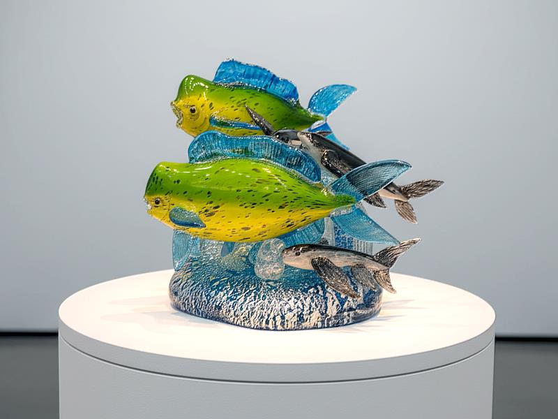 〈海風的邀約:逐浪者〉玻璃工藝作品,林佑駿以群魚逐浪為主題,透過層色玻璃與透明結構,呈現海流推進的動態節奏。