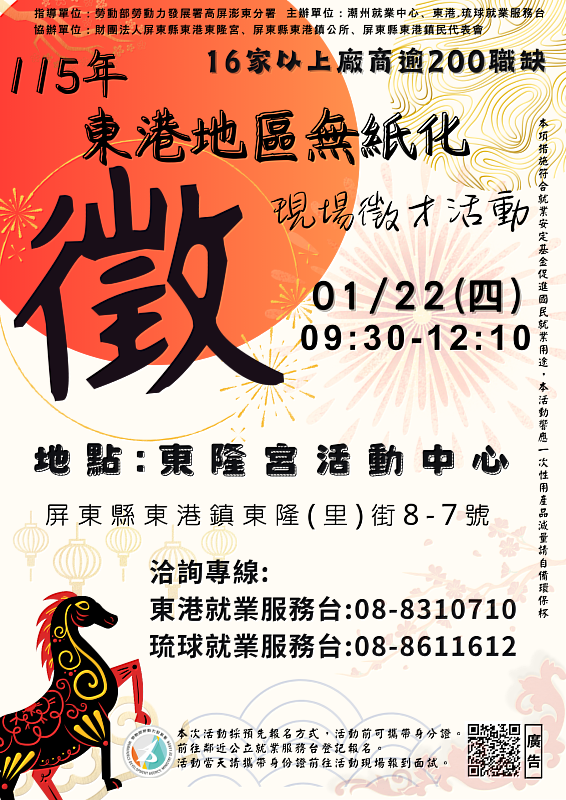 潮州就業中心在1月22日（四）上午9點半到12點10分在東隆宮活動中心舉辦無紙化徵才活動，求職民眾可以提前到各地就服台事先報名。