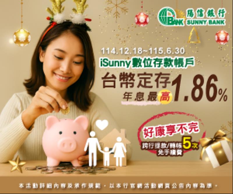 iSunny數位帳戶，台幣定存年息最高1.86%優惠。