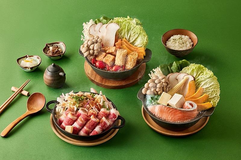 「品田牧場」綠區鍋煮（由12點鐘順時針方向依序為）：田園番茄蔬食鍋、北海道鮭魚石狩鍋、薑汁牛肉燒定食。