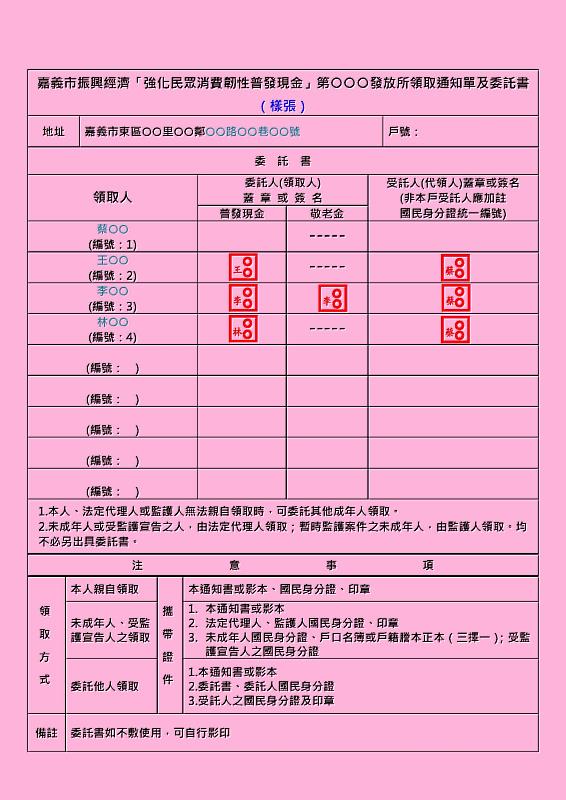 領取通知單及委託書（樣張）