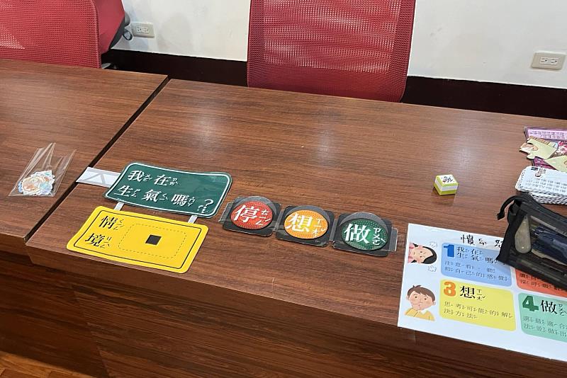 南大特教師資生設計的視覺化教材,透過顏色與步驟拆解,引導學生在衝突情境中做出適當行為。