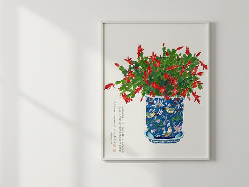 作品〈紅影初綻〉,旅居海外歲月中,花草成為馬靜志生活的重要陪伴。畫面以盛放的花卉回應時間的流轉,色彩層層堆疊,展現生命在靜默中綻放的力量。