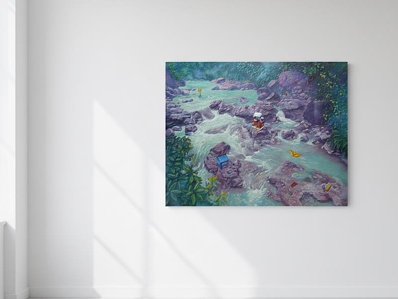 范子翔《白夜．山居》系列作品以石頭、溪水構成空間，以積木象徵人造建物，建構介於現實與潛意識之間的幻想場景，呈現現代人在喧擾生活中對歸隱、安放與方向感的提問。