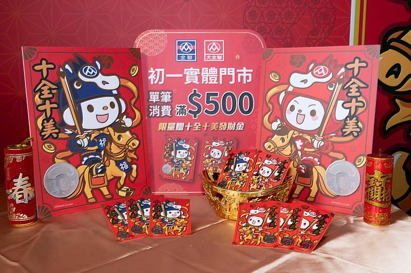 2月17大年初一全聯、大全聯實體門市單筆消費滿500元,即可有機會獲得限量「十全十美發財金」乙份。