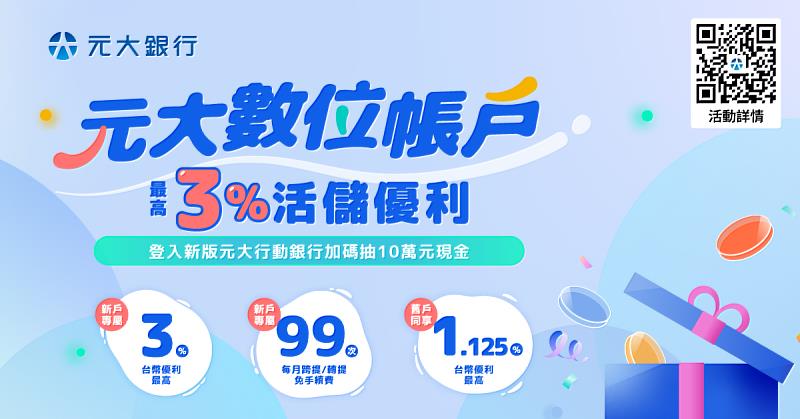 元大銀行數位帳戶新戶最高享3%臺幣活儲優利、月月登入再抽10萬元大獎！