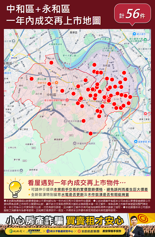 「一年內成交再上市地圖」能夠揭露房屋購入一年內又重新出售的市場現象。