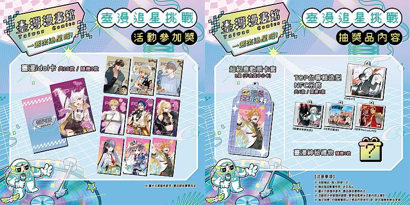 完成指定任務，即有機會獲得「臺漫idol卡」、「超級喜歡票卡套」、「TOP台專輯造型NFC吊飾」等追星周邊。（文策院提供）