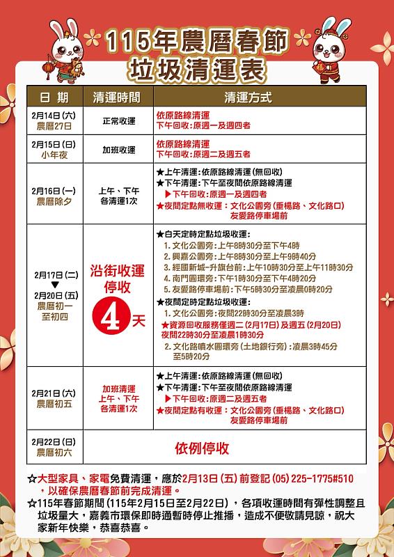 115年農曆春節垃圾清運表