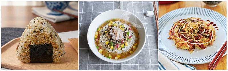 左圖:日式烤飯糰,中圖:蟹肉茶泡飯,右圖:鮮蔬大阪燒
