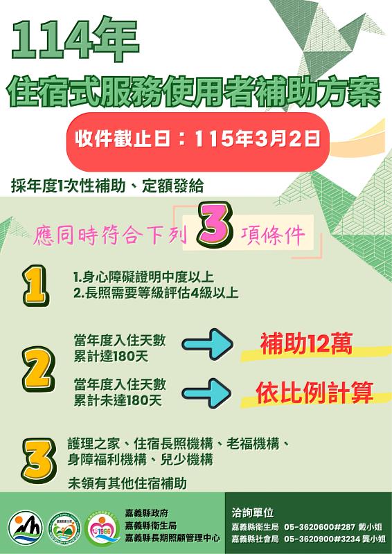 嘉縣提醒住宿長照機構最高12萬補助3月2日截止
