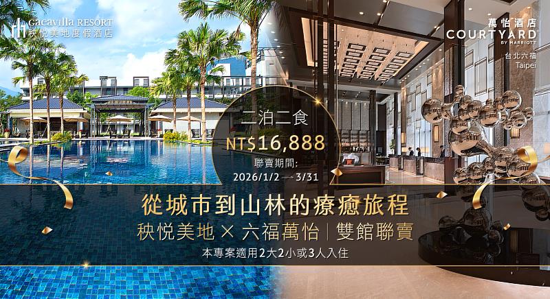 台北六福萬怡酒店及花蓮秧悦美地度假酒店攜手推出「怡悦療癒雙城」3天2夜住房專案，即日起至4月28日，只要16,888元起，平日入住台北六福萬怡豪華客房1晚，或是花蓮秧悦美地迷迭香尊貴客房客房1晚，入住當日即贈送另一家飯店雙人平日住宿券，並享翌日自助式早餐。（圖/六福旅遊集團提供）