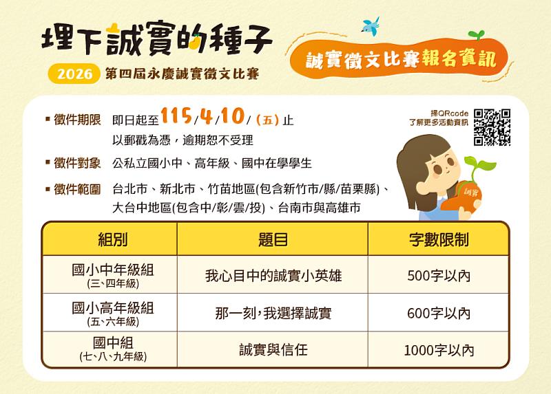 第4屆永慶誠實徵文比賽活動資訊。圖片來源：永慶慈善基金會