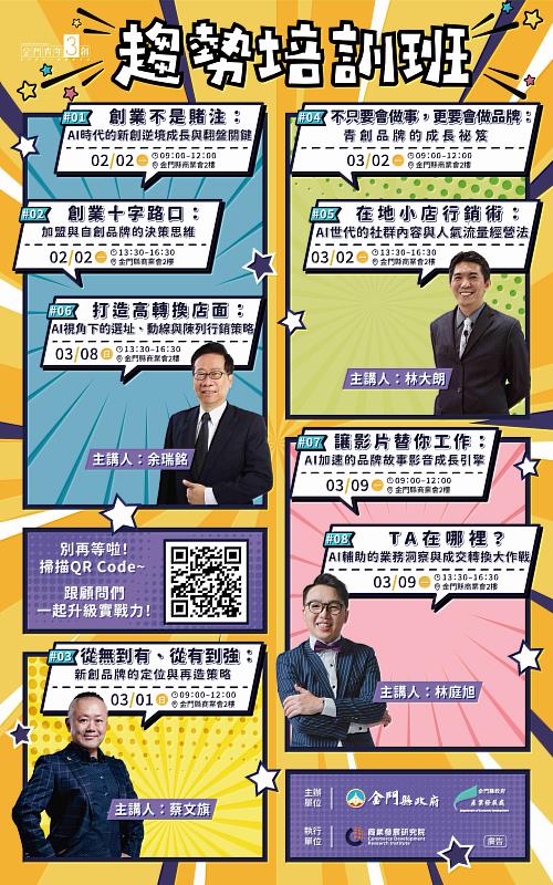 金門縣政府於「114年金門縣青年創業輔導及創業一站式服務計畫」架構下，推出第1梯次趨勢培訓班，總計8堂課24小時提供創業家完成培訓內容。