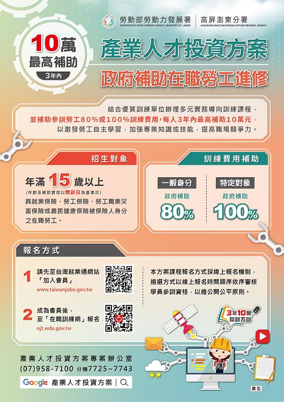 勞動部補助在職勞工進修,提供3年10萬訓練補助費。