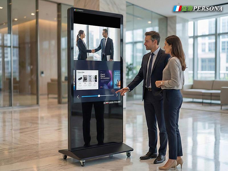 透過高畫質觸控顯示與直覺操作界面，盛源PERSONA直立式廣告機協助企業在門市或大廳進行互動展示，有效提升品牌專業形象與客戶參與感。