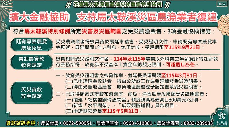 農業部提供多項農業金融支持措施 協助馬太鞍溪災區加速復原重建