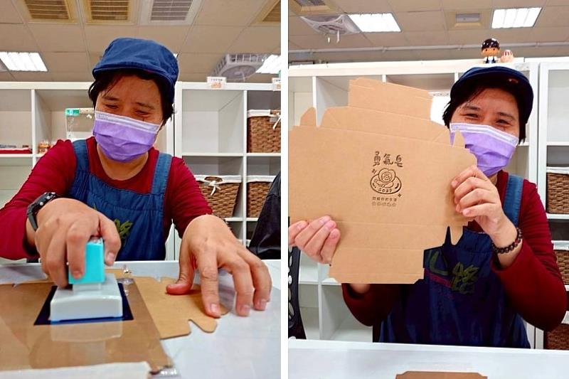 藉由蓋章定位器輔助，障礙青年獲得更多嘗試與參與包裝作業的機會。圖 / 心路基金會