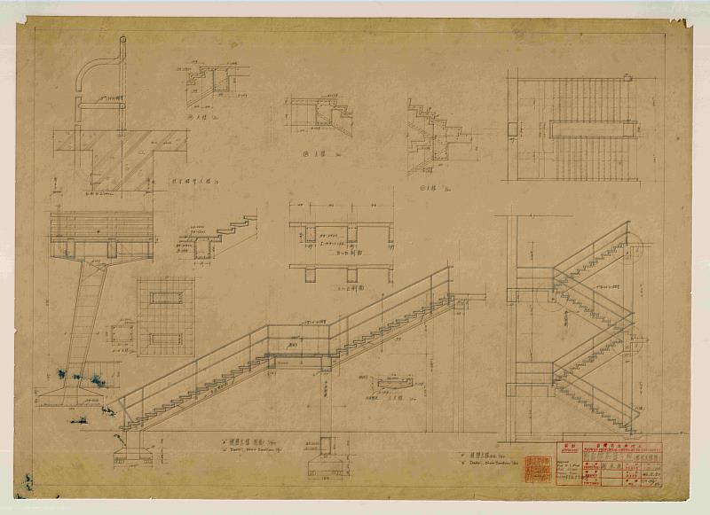 《臺灣省立成功大學圖書館新建工程設計圖》圖組之〈樓梯大樣圖〉-舊總圖書館具代表性之樓梯構造詳圖。