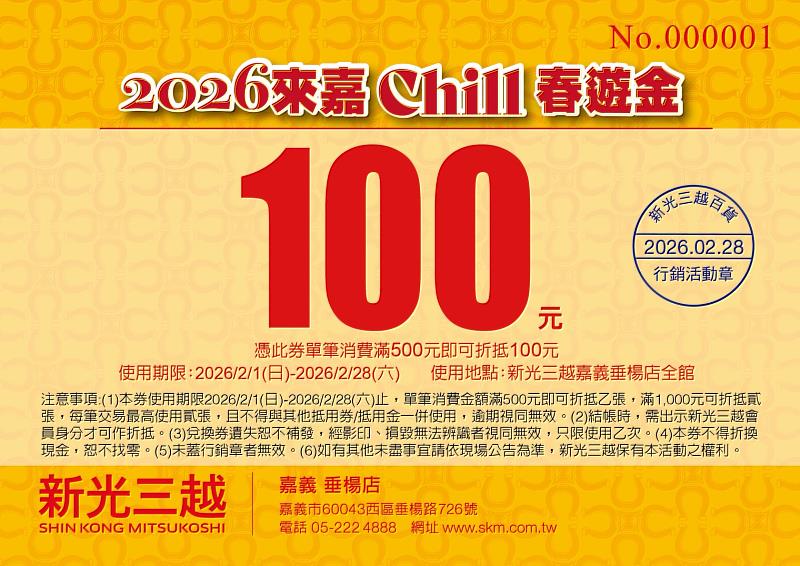 新光三越嘉義垂楊店春遊金100元購物金。