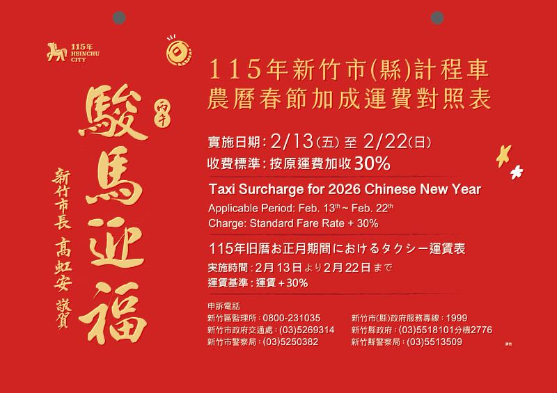 竹市計程車運價2/13至2/22啟動春節模式 每趟加收3成
