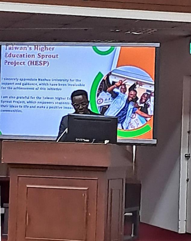 南華大學國際生坦尚尼亞籍麥可受邀出席「全球國際交流合作・共榮共融」活動，分享返鄉實踐永續行動。