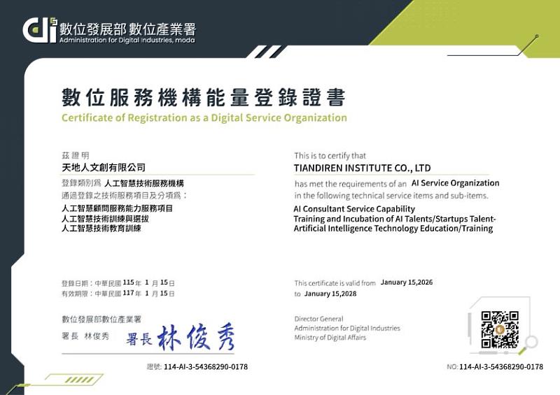 天地人文創通過數產署AI能量登錄 納入政府認可技術服務體系