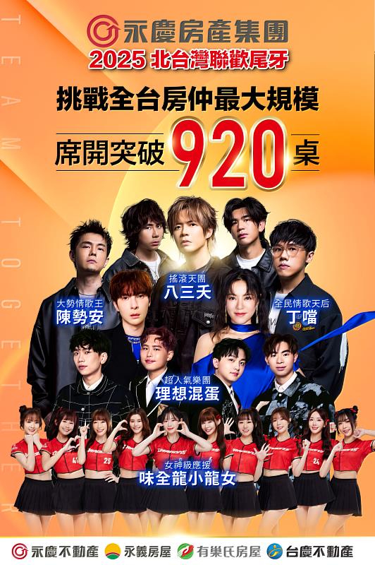 永慶加盟四品牌北台灣聯合尾牙晚會即將在2月12日登場，超強演出卡司搶先曝光。（永慶房產集團提供）