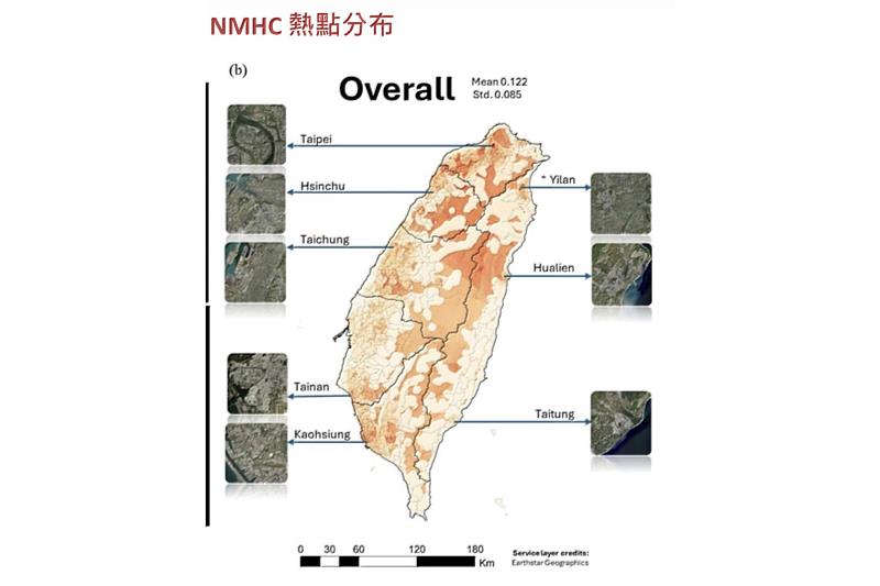 成大測量及空間資訊學系教授吳治達帶領的跨校跨領域團隊，利用地理人工智慧及機器學習等多種工具，成功建構出造成臭氧汙染的重要前驅物質「非甲烷碳氫化合物」詳細分布，圖中深色部分為濃度高的地方